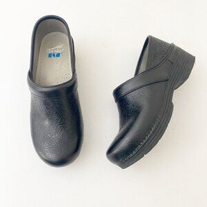 Dansko LT Pro Black Floral Tooled Clogs Shoes